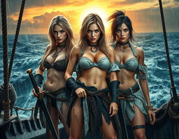 A photorealistic, high-quality image depicting three athletic pirate women with striking ice-blue eyes and a mix of blonde and dark hair