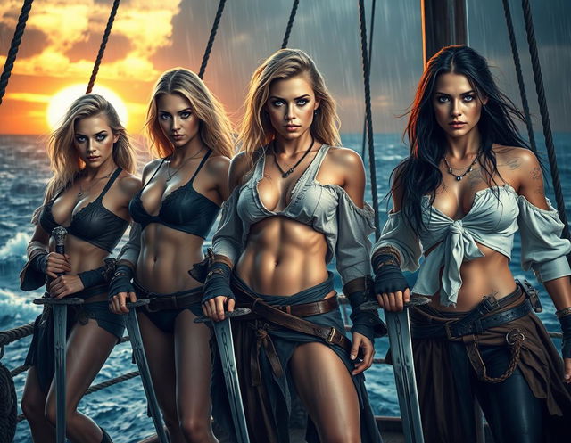 A photorealistic, high-quality image depicting three athletic pirate women with striking ice-blue eyes and a mix of blonde and dark hair