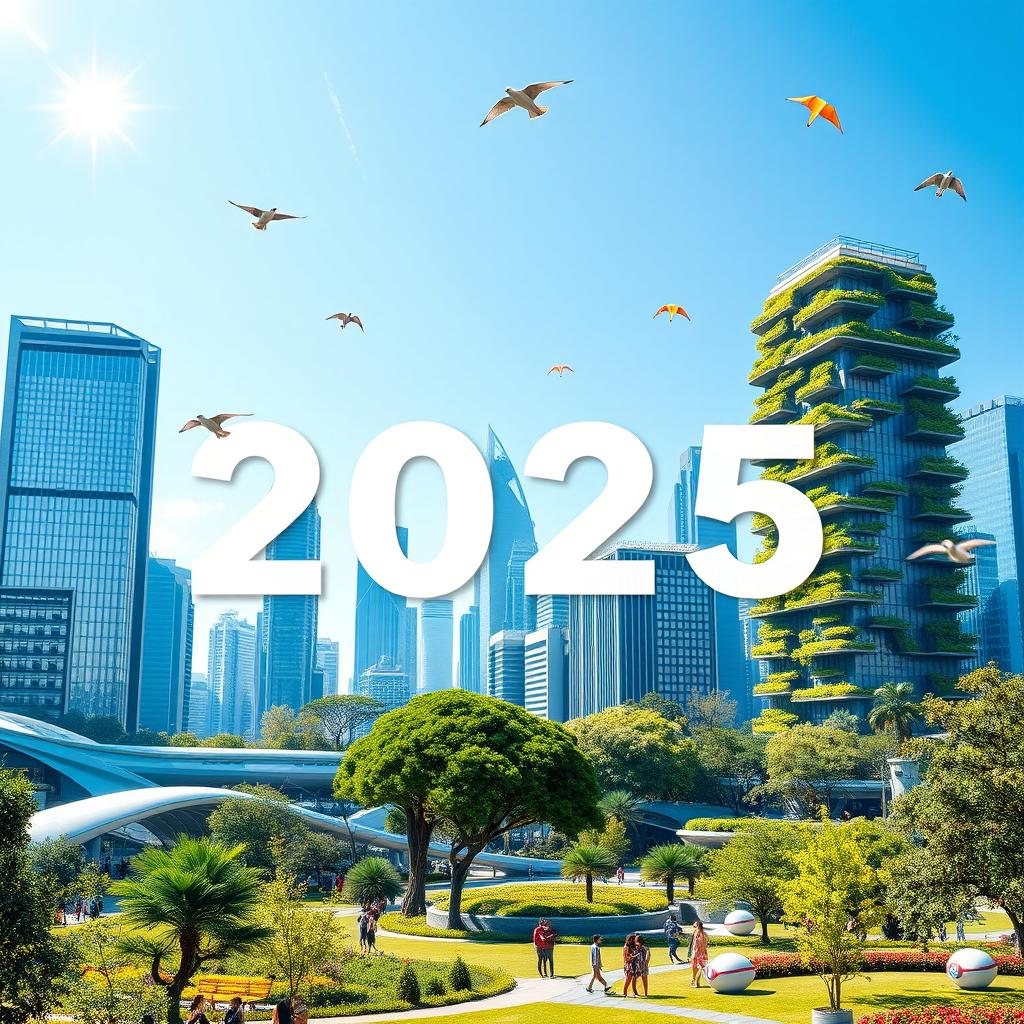 A vibrant and modern Facebook cover photo for 2025, showcasing a futuristic cityscape with advanced architecture and greenery