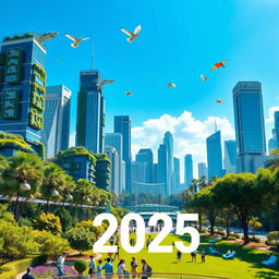 A vibrant and modern Facebook cover photo for 2025, showcasing a futuristic cityscape with advanced architecture and greenery