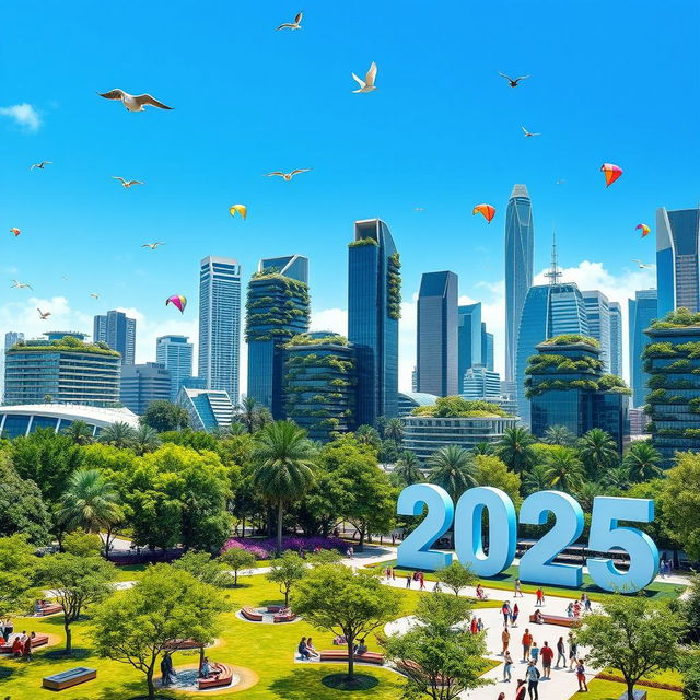 A vibrant and modern Facebook cover photo for 2025, showcasing a futuristic cityscape with advanced architecture and greenery