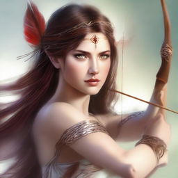 This digital art image is a stunning representation of a breathtakingly beautiful goddess of archery