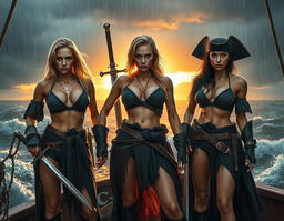 A photorealistic, high-quality image capturing three athletic pirate women with ice-blue eyes and a mix of blonde and dark hair