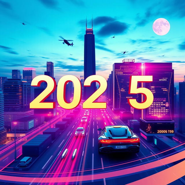 A vibrant and futuristic Facebook cover photo featuring the year 2025 prominently displayed in a stylish and modern font