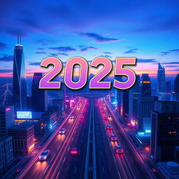 A vibrant and futuristic Facebook cover photo featuring the year 2025 prominently displayed in a stylish and modern font