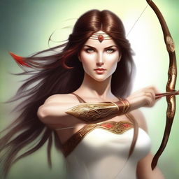 This digital art image is a stunning representation of a breathtakingly beautiful goddess of archery