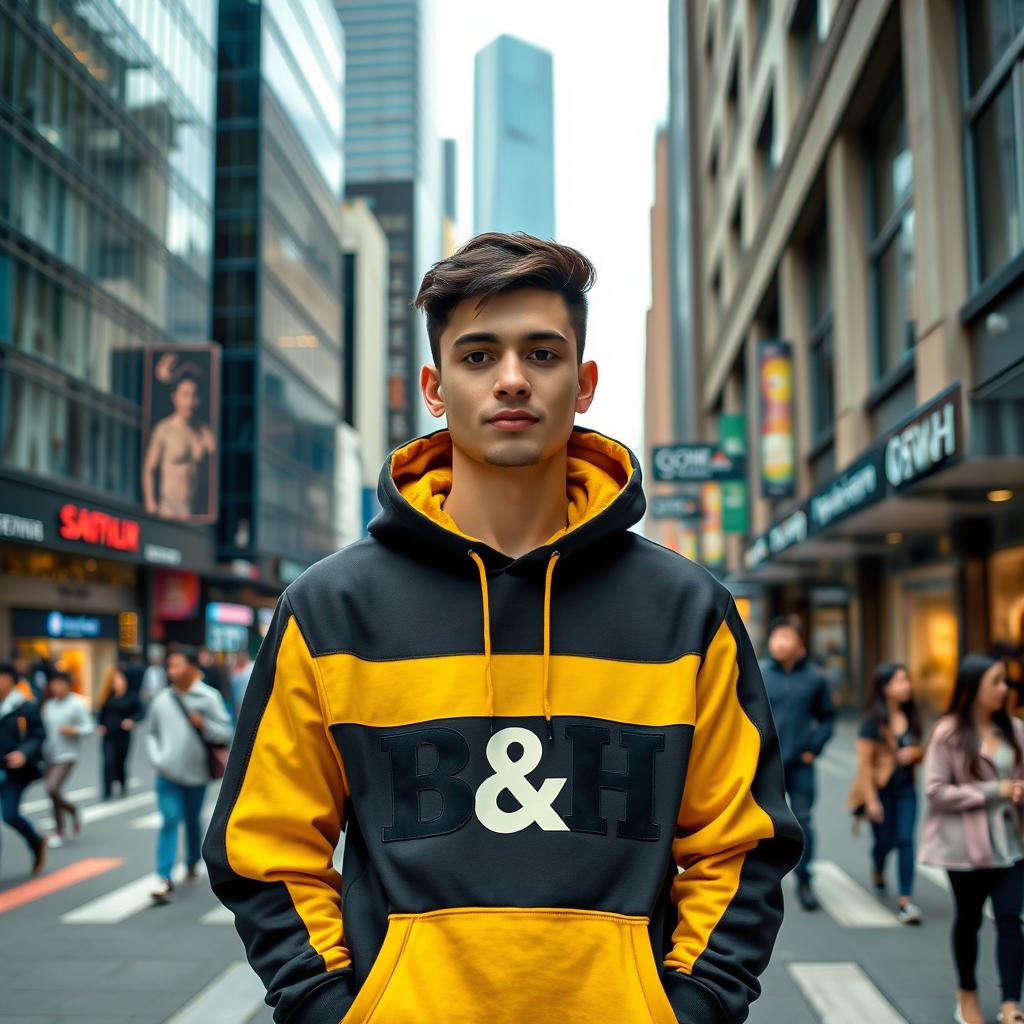 A young man standing confidently in an urban environment, surrounded by high-rise buildings and bustling streets