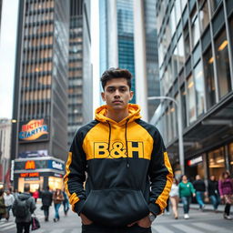 A young man standing confidently in an urban environment, surrounded by high-rise buildings and bustling streets