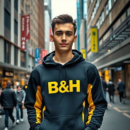 A young man standing confidently in an urban environment, surrounded by high-rise buildings and bustling streets