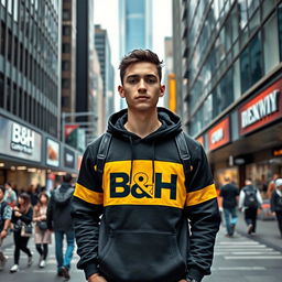 A young man standing confidently in an urban environment, surrounded by high-rise buildings and bustling streets