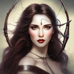 This digital art image presents a breathtakingly beautiful brown-haired goddess of archery, who is also a vampire