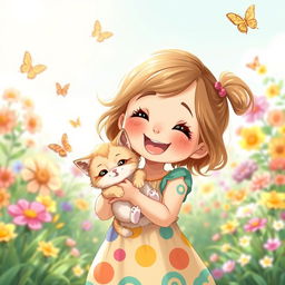 An adorable illustration of a little girl joyfully holding a fluffy kitten in her arms