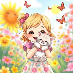 An adorable illustration of a little girl joyfully holding a fluffy kitten in her arms