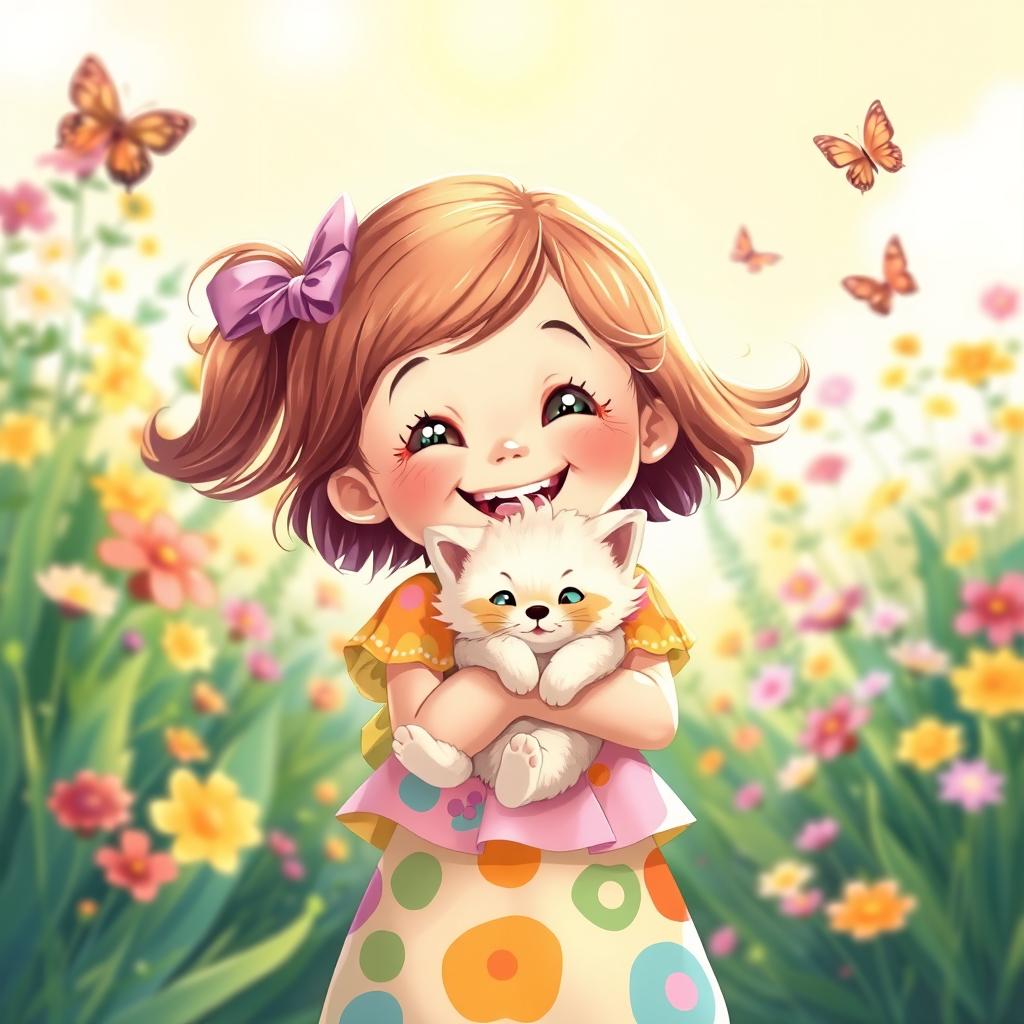 An adorable illustration of a little girl joyfully holding a fluffy kitten in her arms