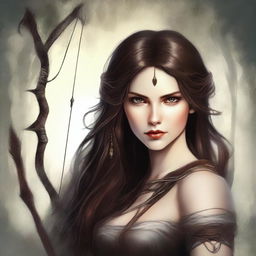 This digital art image presents a breathtakingly beautiful brown-haired goddess of archery, who is also a vampire