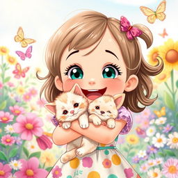 An adorable illustration of a little girl joyfully holding a fluffy kitten in her arms