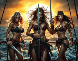 A photorealistic, high-quality image showcasing three athletic pirate women with a mix of blonde and dark hair and striking ice-blue eyes