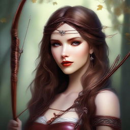 This digital art image presents a breathtakingly beautiful brown-haired goddess of archery, who is also a vampire