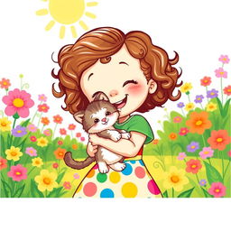 A charming illustration of a little girl holding her adorable kitten, with bright, cheerful colors