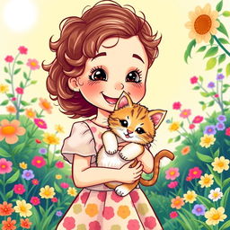 A charming illustration of a little girl holding her adorable kitten, with bright, cheerful colors