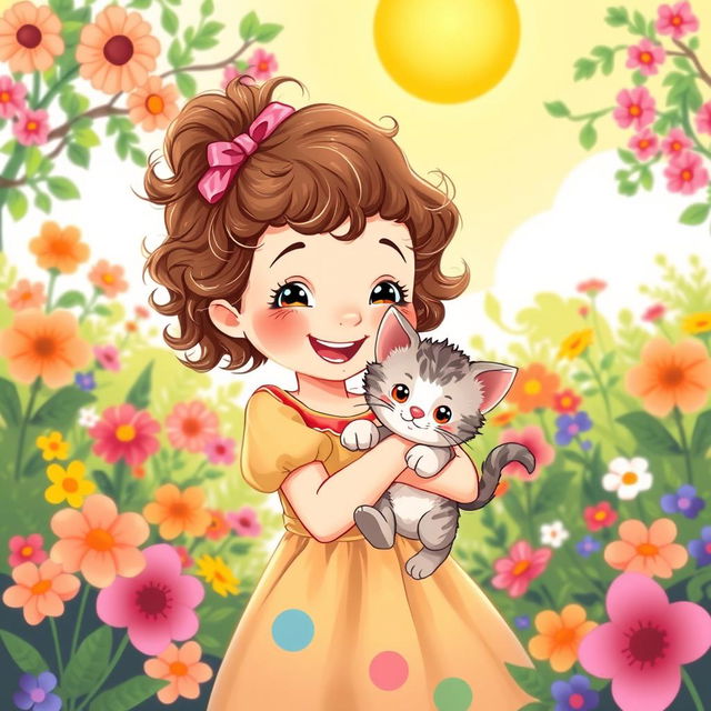 A charming illustration of a little girl holding her adorable kitten, with bright, cheerful colors