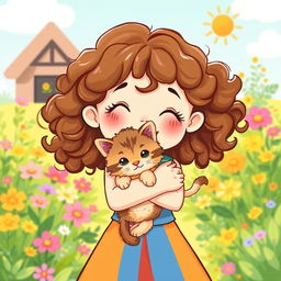 A charming illustration of a little girl holding her adorable kitten, with bright, cheerful colors