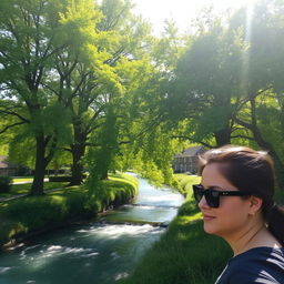 A picturesque village scene showcasing a serene river flowing gently through lush greenery