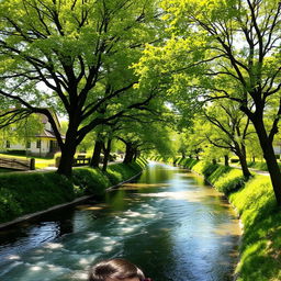 A picturesque village scene showcasing a serene river flowing gently through lush greenery