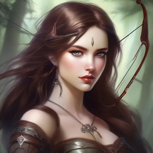 This digital art image presents a breathtakingly beautiful brown-haired goddess of archery, who is also a vampire