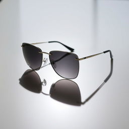 A stylish pair of sunglasses resting on a smooth, reflective surface