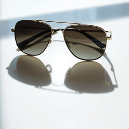 A stylish pair of sunglasses resting on a smooth, reflective surface