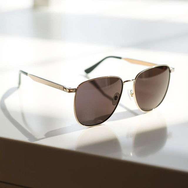 A stylish pair of sunglasses resting on a smooth, reflective surface