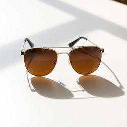 A stylish pair of sunglasses resting on a smooth, reflective surface