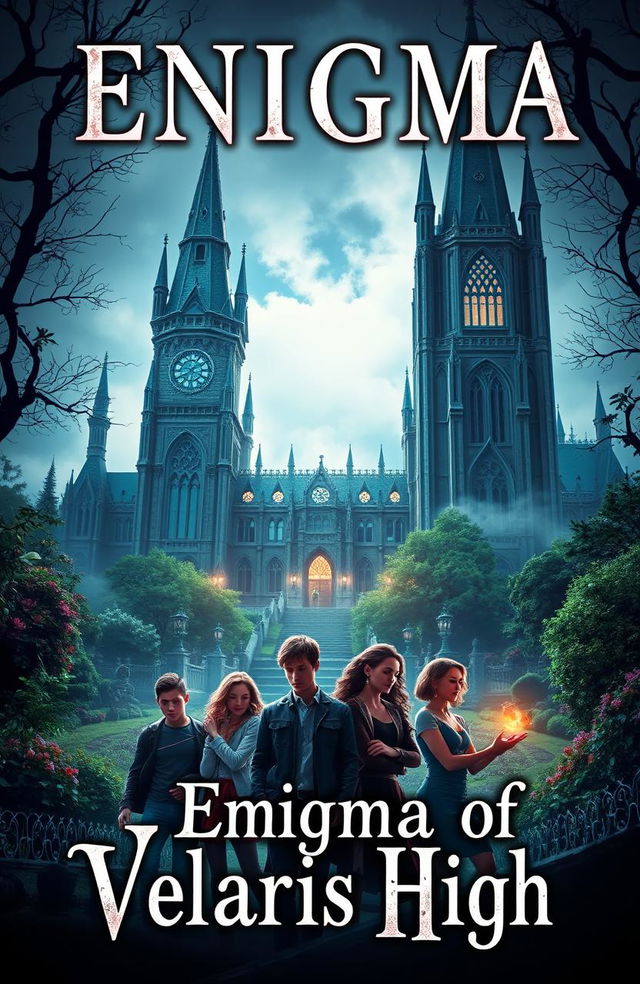 A captivating book cover for a novel titled 'Enigma Of Velaris High', featuring a mysterious and enchanting high school setting