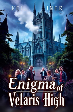 A captivating book cover for a novel titled 'Enigma Of Velaris High', featuring a mysterious and enchanting high school setting