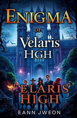 A captivating book cover for a novel titled 'Enigma Of Velaris High', featuring a mysterious and enchanting high school setting