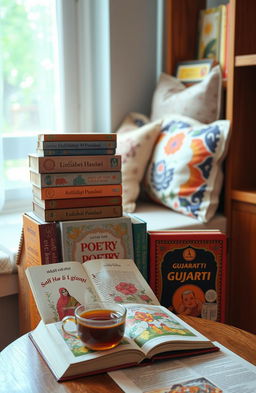 A beautifully arranged collection of Gujarati poetry books, displayed on a wooden bookshelf