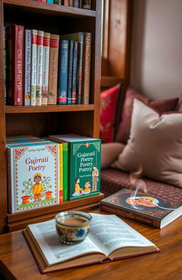 A beautifully arranged collection of Gujarati poetry books, displayed on a wooden bookshelf