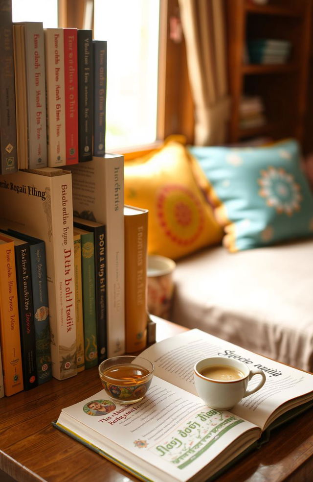 A beautifully arranged collection of Gujarati poetry books, displayed on a wooden bookshelf