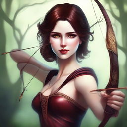 This is a high-quality digital art image featuring a breathtakingly beautiful goddess of archery, who also happens to be a vampire