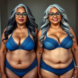 Two stunning dusky Indian women, both aged 60 and radiating confidence, stand proudly side by side in a full front view