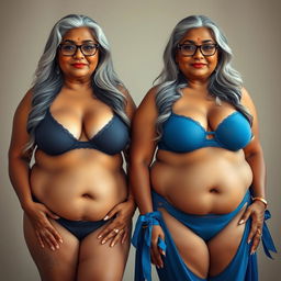 Two stunning dusky Indian women, both aged 60 and radiating confidence, stand proudly side by side in a full front view