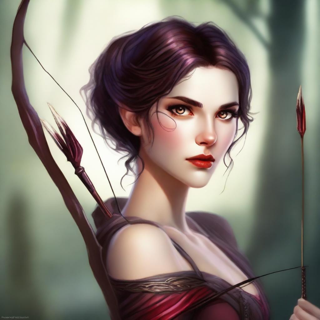 This is a high-quality digital art image featuring a breathtakingly beautiful goddess of archery, who also happens to be a vampire