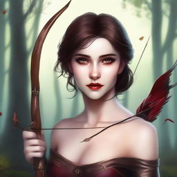 This is a high-quality digital art image featuring a breathtakingly beautiful goddess of archery, who also happens to be a vampire