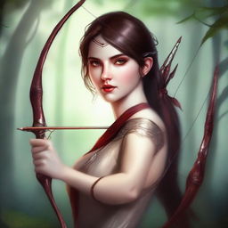 This is a high-quality digital art image featuring a breathtakingly beautiful goddess of archery, who also happens to be a vampire