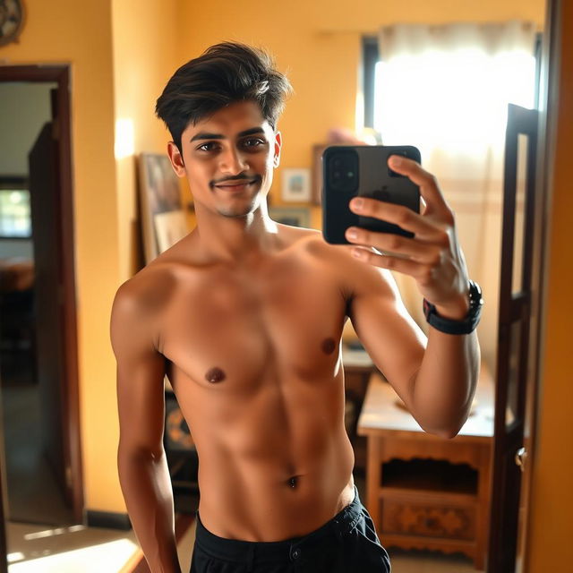 A 19-year-old young man from Kerala, standing confidently without a shirt in his cozy room, showcasing a lean physique