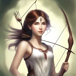 This high-quality digital art image portrays a breathtakingly beautiful goddess of archery with brown hair styled in a boy's haircut