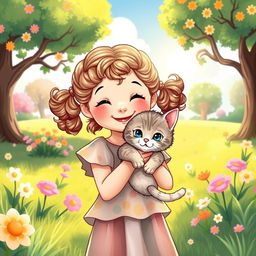 A delightful illustration of a little girl holding her cute kitten, both radiating happiness