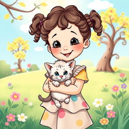 A delightful illustration of a little girl holding her cute kitten, both radiating happiness
