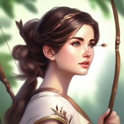 This high-quality digital art image portrays a breathtakingly beautiful goddess of archery with brown hair styled in a boy's haircut